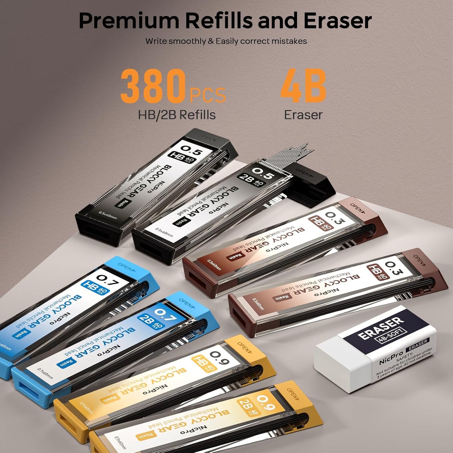 Nicpro 4 Pack Blocky Gear 0.3, 0.5, 0.7, 0.9 mm Metal Mechanical Pencils Set with Case, Lead Drafting Pencil with 8 Tube Lead Refills(HB 2B), Erasers, Eraser Refills for Art Writing Sketching Drawing