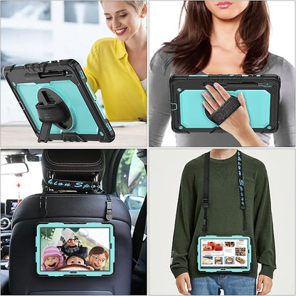 SEYMAC stock Case for Samsung Galaxy Tab S7 FE / S8 Plus 5G Case 12.4'' with Screen Protector Pencil Holder [360 Rotating Hand Strap] &Stand, Drop-Proof, SkyBlue/Black