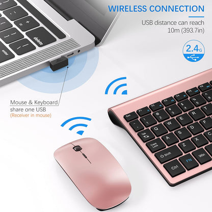 Wireless Keyboard and Mouse Ultra Slim Combo, TopMate 2.4G Silent Compact USB 2400DPI Mouse and Scissor Switch Keyboard Set with Cover, 2 AA & 2 AAA Batteries,for PC/Laptop/Windows/Mac-Rose Gold Black