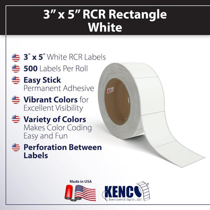 Kenco Color Coding 3 X 5 Rectangle Labels, Inventory Control Stickers 500 Labels Per Roll, Made in The USA (White)