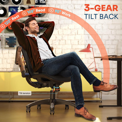 GABRYLLY Ergonomic Office Chair, High Back Home Desk Chair with Headrest, Flip-Up Arms, 90-120° Tilt Lock and Wide Cushion, Big and Tall Mesh Chairs for Man Woman, Black Task Chair(Dark Woodgrain)