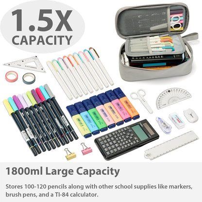 Pencil Case Pouch Box Bag School Supplies Girls Boys Kids, Cute Preppy Stuff Large Big Capacity Aesthetic Pen Organizer, Back to College Stationary, Gray, Classic Stlye, 1800ml
