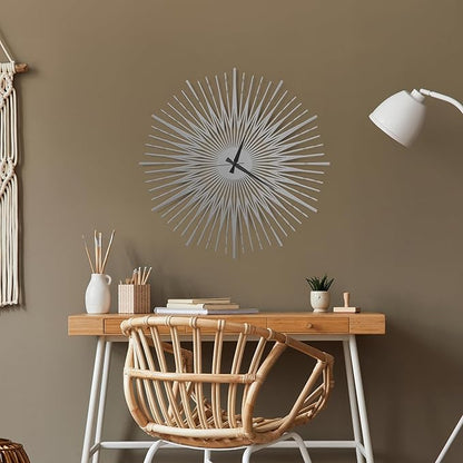 Sun Rays Wall Clock, Large Metal Decorative Wall Clock, Modern Minimalist Wall Decor (Silver, Large)
