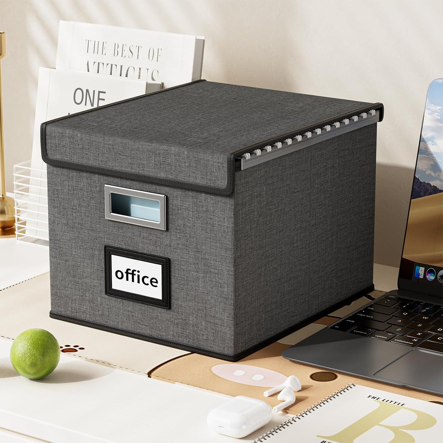 Huolewa File Organizer Boxes with Lids, Linen Office Document Storage Boxes, Filing Boxes, Decorative Small File Boxes for Hanging Files with Plastic Slide for Office/Cabinet/Decor/Home