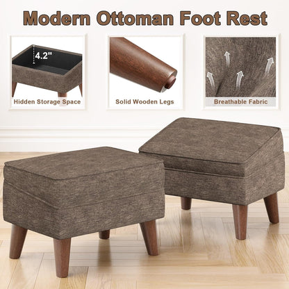 Small Footstool Ottoman with Adjustable Lid, Modern Storage Ottoman, Foot Rest for Couch, Foot Stool with Sturdy Wood Legs for Living Room, Bedroom, Enterway, Brown