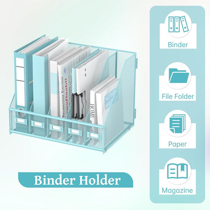 SUPEASY Desk Organizers Metal Desk Magazine File Holder with 5 Vertical Compartments Rack File Organizer for Office Desktop, Home Workspace, Blue Plus