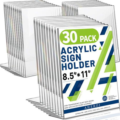 Aheroi Acrylic Sign Holder 8.5 x 11, 30Pcs Plastic Sign Holder 8.5 x 11 Standing, Clear Paper Holders Acrylic Paper Document Holders, Plastic Stands Flyer Display,Office School Table Supplies