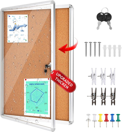 36"x24" Enclosed Cork Bulletin Board Tamper-Proof Dispaly Case,Brown Fabric&Aluminium Frame,Shatter Resistant Lockable Bulletin Board with Clear Acrylic Door for School,Office,Mall,Community,Hospital