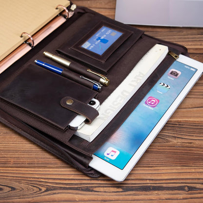 Professional Leather Business Padfolio Portfolio Case, 3 Ring Binder,Zippered Business Document Organizer Tablet Holder Folder Case,with Letter Size Notepad (Dark Brown)