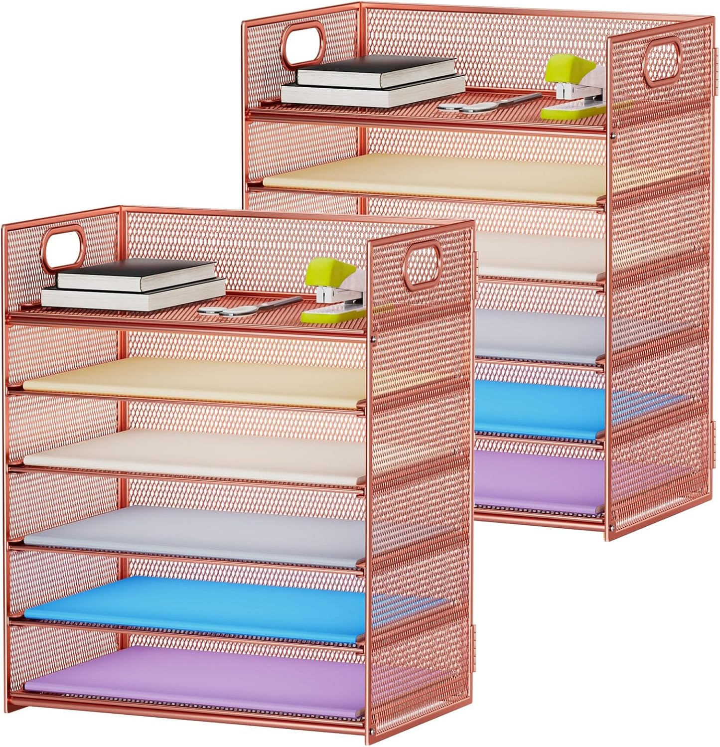 Marbrasse 2 Pack Desk Organizer with Handle, 6 Tier Paper Letter Tray, Mesh Desk File Organizer for Office, School and Home - Rose Gold