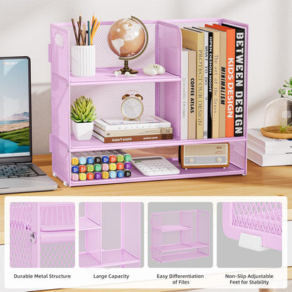 Marbrasse 3-Tier Desk Shelf Organizer with Handle, Desktop Bookshelf File Holder, Mesh Display Shelf Organizer Storage Rack for Office, Home, Supplies, Kitchen (Purple)