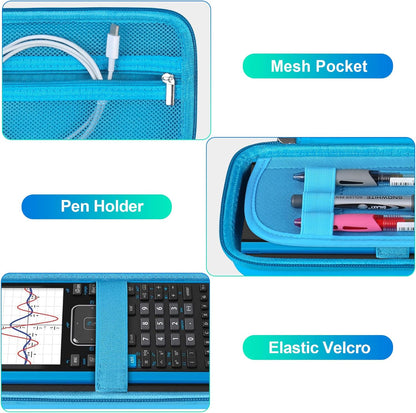 BOVKE Calculator Case for Texas Instruments TI-Nspire CX II CAS/CX II/CX CAS/CX Color Graphing Calculator and More - Extra Mesh Pocket for USB Cables and Other Accessories, Blue
