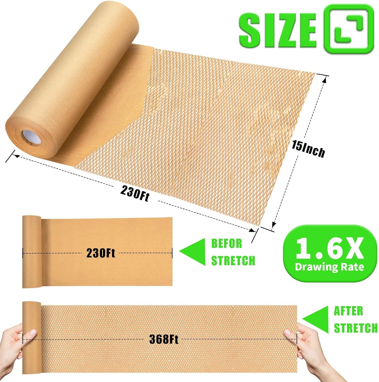 Honeycomb Packing Paper, MINHAO 15"x230' Eco Friendly Packing Paper for Moving Recyclable Honeycomb Paper Moving Supplies Bubble Paper Wrapping Protective Roll, With 36 Fragile Sticker Labels