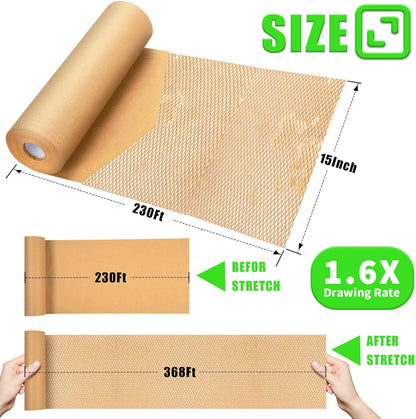 Honeycomb Packing Paper, MINHAO 15"x230' Eco Friendly Packing Paper for Moving Recyclable Honeycomb Paper Moving Supplies Bubble Paper Wrapping Protective Roll, With 36 Fragile Sticker Labels