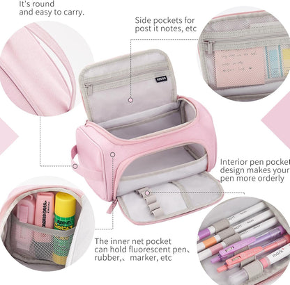 HVOMO Big Capacity Pencil Case High Large Storage Pouch Marker Pen Case Travel Simple Stationery Bag School College Office Organizer for Teens Girls Adults Student（Pink）