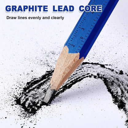 Honoson 200 Pcs Flat Construction Pencils with Printed Ruler Wood Graphite 2 Pcs Carpenter Pencil Sharpener for Woodworking Marking Tool(Blue)