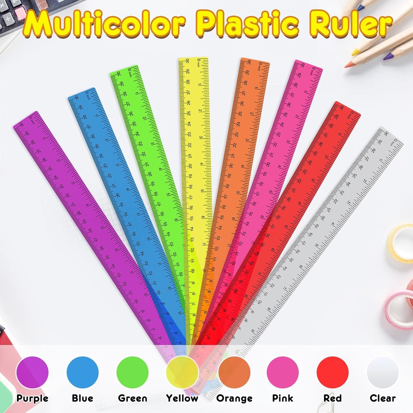 64 Pack Plastic Ruler 12 Inch in Bulk, Plastic Rulers in Assorted Colors, Clear Ruler with Inches and Centimeters, Transparent Rulers Bulk for Kids Back to School, Classroom, Office, Home Supplies