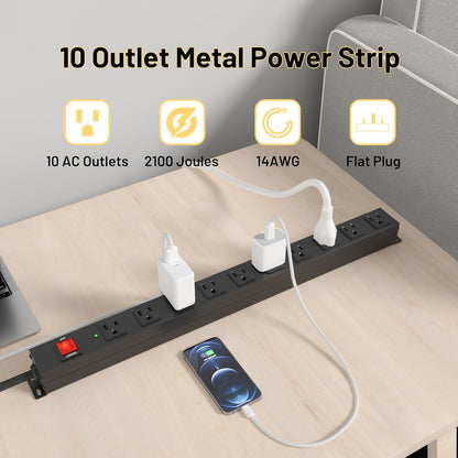 KF 10 Long Power Strip, Heavy Duty Surge Protector with 2100J, 15A/1875W Wall Mount Power Strip with Upgraded Switch, 14AWG 8FT Cord
