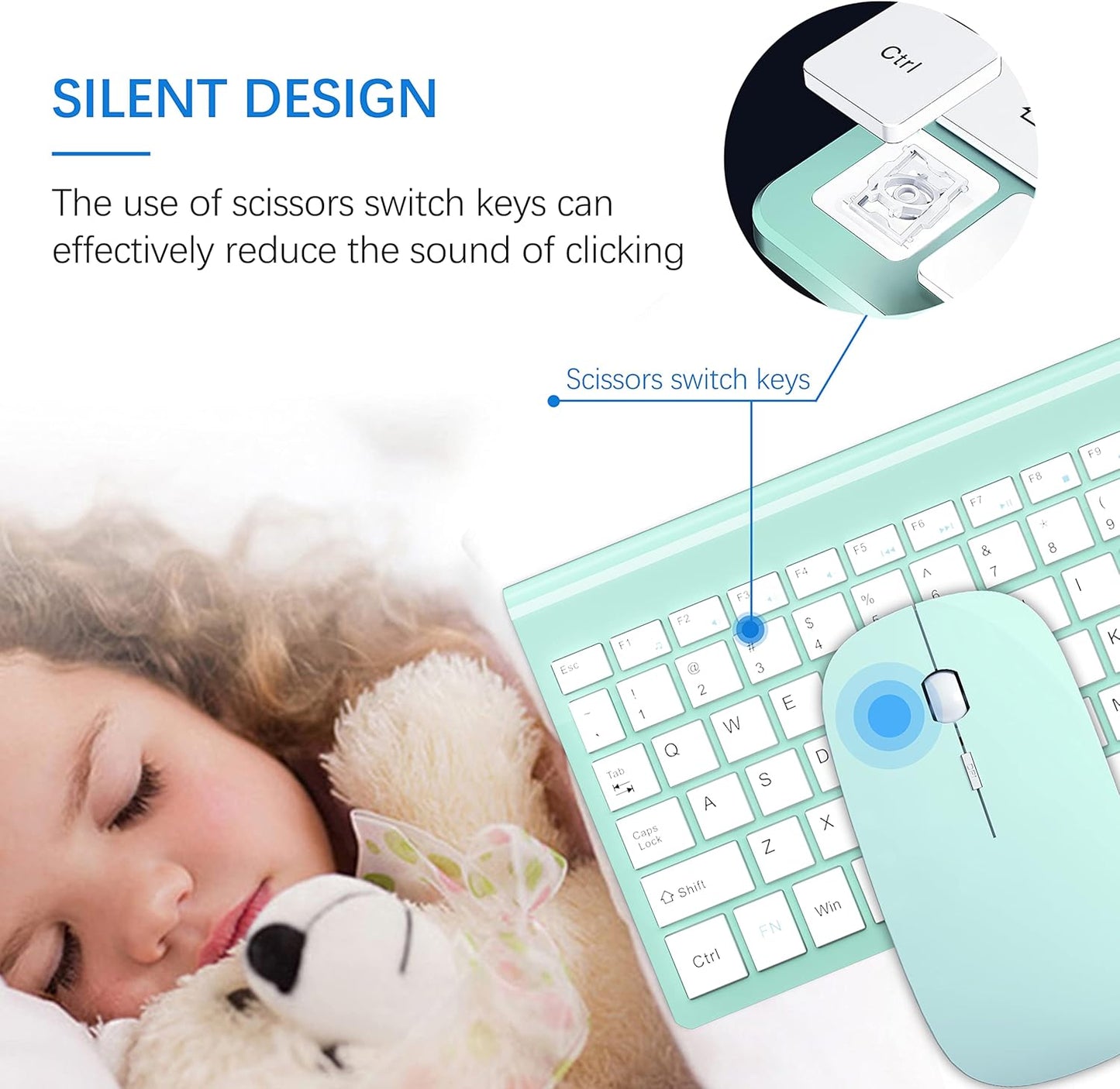 Wireless Keyboard and Mouse Ultra Slim Combo, TopMate 2.4G Silent Compact USB 2400DPI Mouse and Scissor Switch Keyboard Set with Cover, 2 AA and 2 AAA Batteries, for PC/Laptop/Windows/Mac - Mint Green