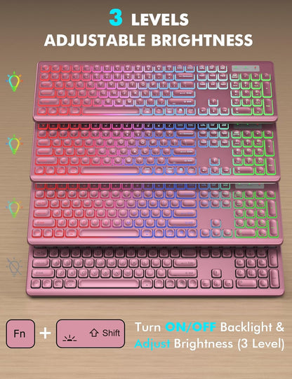 Wireless Keyboard and Mouse Combo - RGB Backlit, Rechargeable & Light Up Letters, Full-Size, Ergonomic Tilt Angle, Sleep Mode, 2.4GHz Quiet Keyboard Mouse for Mac, Windows, Laptop, PC