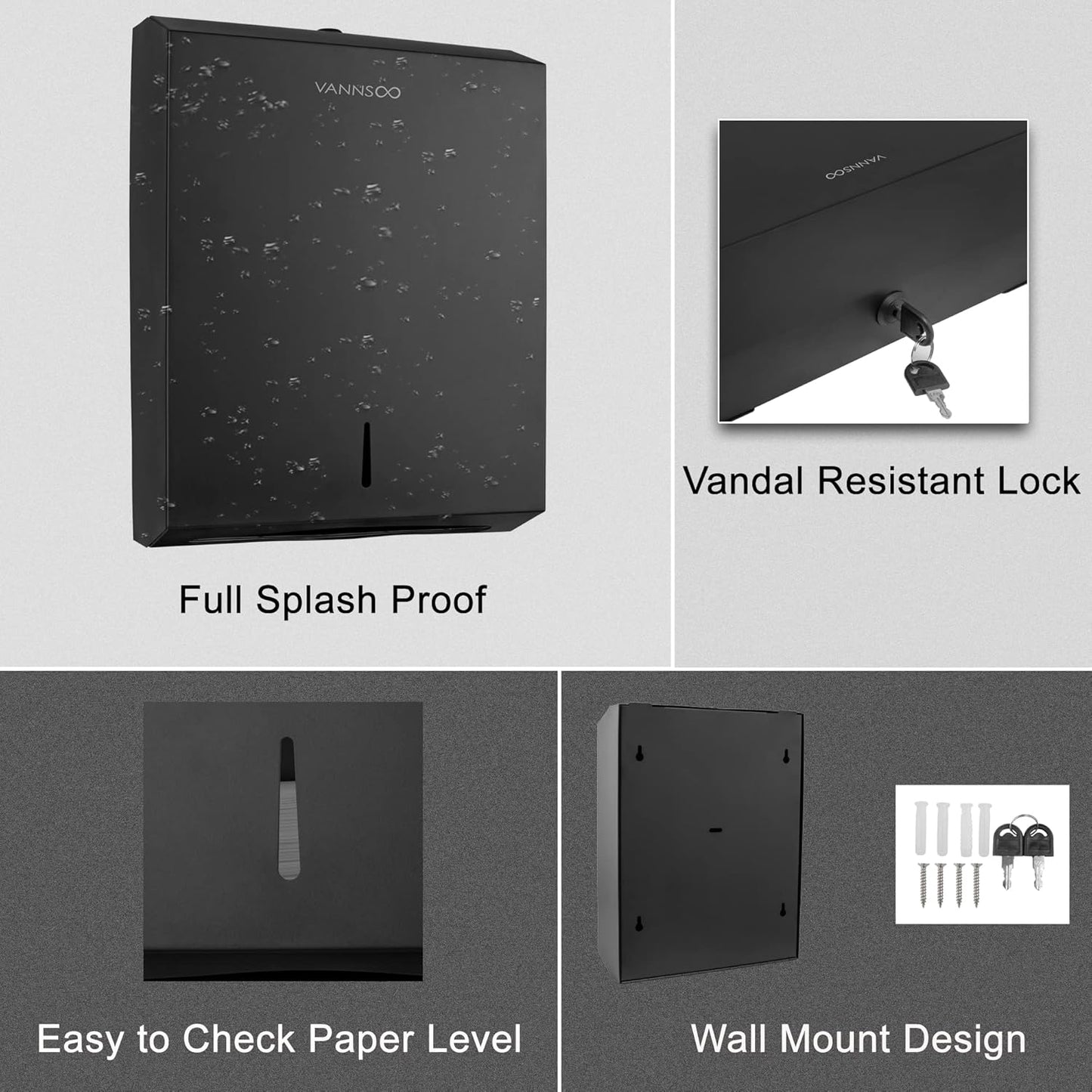 Paper Towel Dispenser, Commercial Stainless Steel Tri-fold/Multi-fold/C-Fold Paper Towel Holder Wall Mount Key (Black)