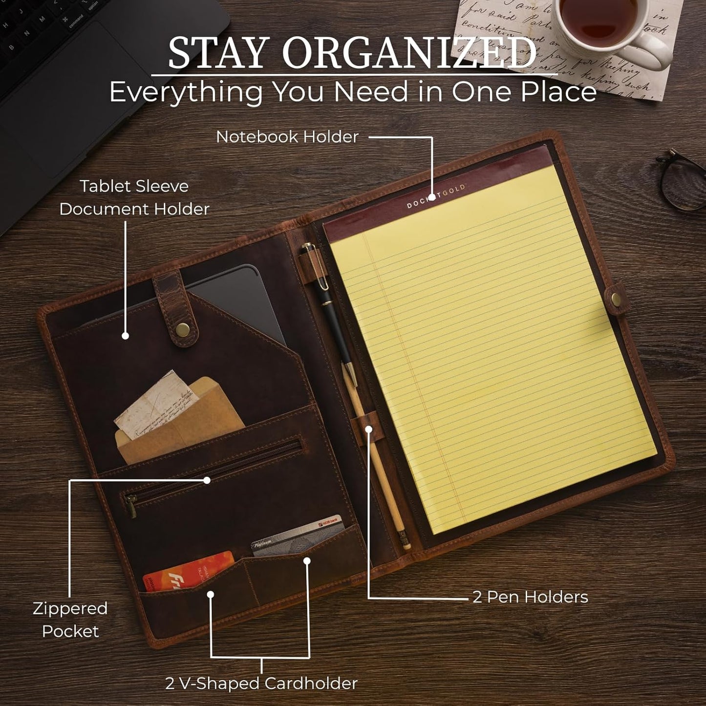 Leather Portfolio - Professional Portfolio Organizer, Resume Folder, Leather Padfolio for Men and Women, Business Portfolio with cardholder, Portfolio Folder - Leather Folder