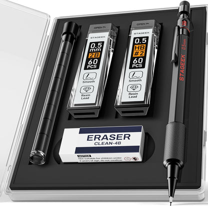 Mechanical Pencils 0.5 with Case, Metal Weatherproof Body Outdoor Artist Mechanical Pencil with 120 PCS HB & 2B Lead Refills, Eraser, for Writing Drafting Drawing and Sketching
