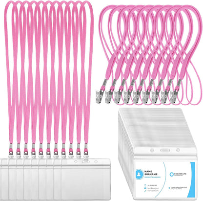 Marspark 100 Sets Clear Name Tags with Lanyard, Lanyards for ID Badges Reusable Strap with ID Holder Plastic Name Badges for Adults Business School Church Conference (Pink)