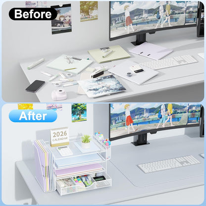 gianotter Desk Organizers and Accessories with File Holder, 4-Tier Desk Accessories & Workspace Organizers with Drawer and 2 Pen Holder, Paper Organizer for Office Supplies (White)