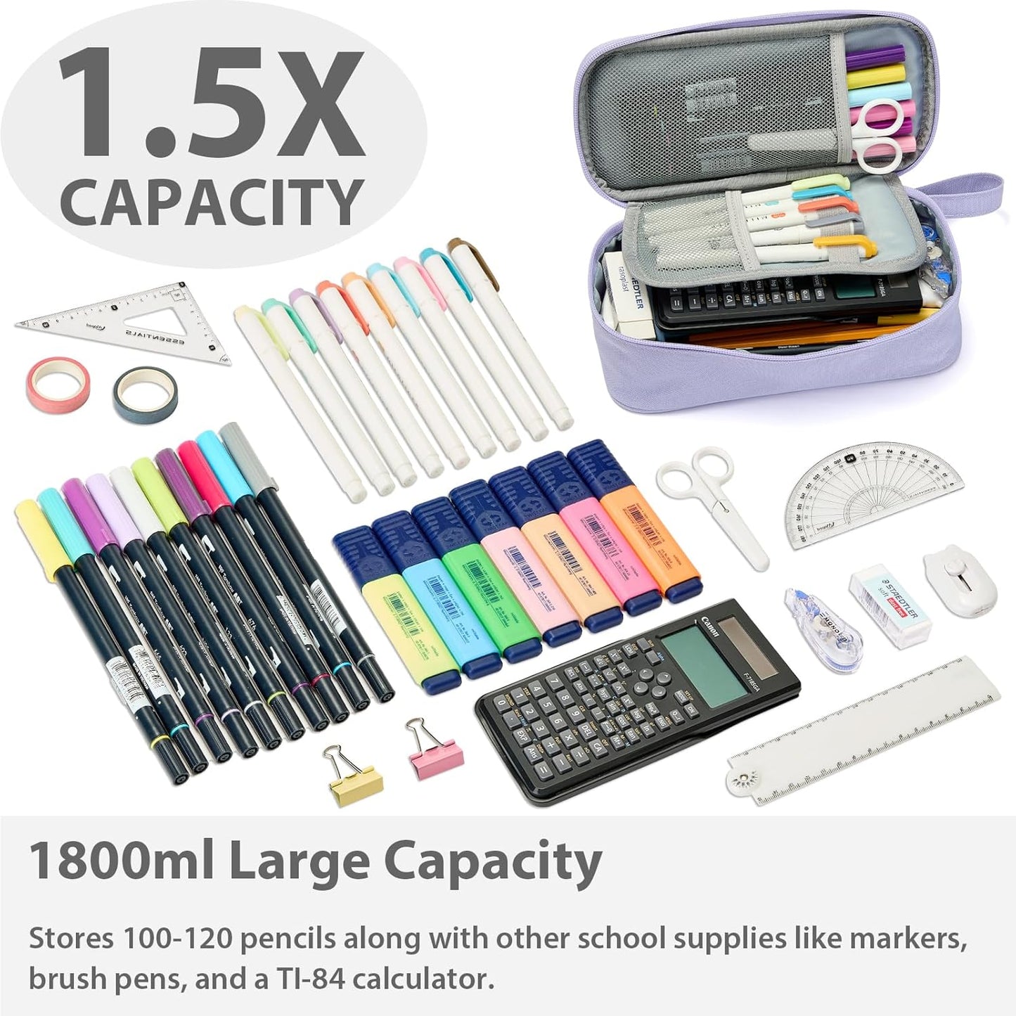 Pencil Case Pouch Box Bag School Supplies Girls Boys Kids, Cute Preppy Stuff Large Big Capacity Aesthetic Pen Organizer, Back to College Stationary, Purple, Classic Stlye, 1800ml