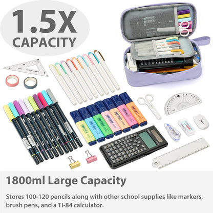 Pencil Case Pouch Box Bag School Supplies Girls Boys Kids, Cute Preppy Stuff Large Big Capacity Aesthetic Pen Organizer, Back to College Stationary, Purple, Classic Stlye, 1800ml