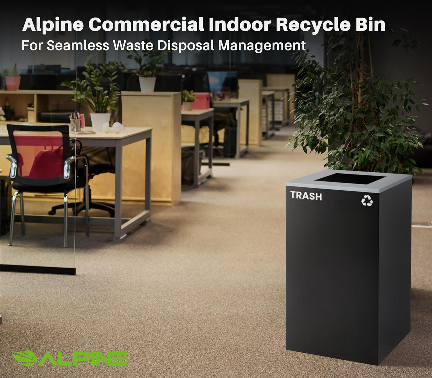 Alpine Commercial Indoor Recycle Bin - 29 Gallon Modern Looking Black Recycle Bin, Office Recycling Bins, Metal Trash and Recycling Container with Stickers & 3 Optional Lids (lid Sold Separately)