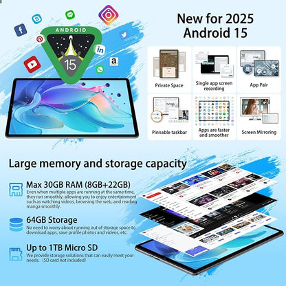 2025 Android 15 Tablet with Keyboard, 10.1 Inch Tablets FHD Display 30GB RAM 64GB ROM 1TB Expand, Octa-Core 2.0GHz, Widevine L1, 6000mAh Battery, 5G WiFi & GPS, Gemini AI, 2-in-1 Tableta PC - Gray