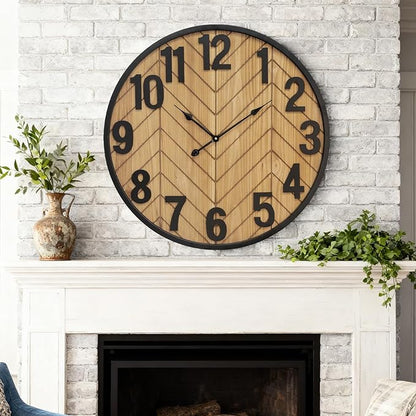 30 Inch Large Wall Clock, Oversized Wooden Farmhouse Wall Clock with Black Metal Frame, Battery Operated Non-Ticking Silent Wall Clocks for Living Room, Kitchen, Bedroom Decor (Brown)