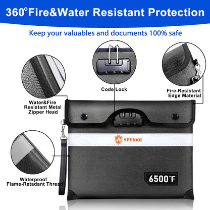 6500°F Upgraded Fireproof Document Bag with Lock, Fire proof Money Bag for Cash w. Zipper/Reflective Strip, 10 Layers of Heat Insulated Materials, Water Resistant Fireproof Bag for Documents, Fire Bag