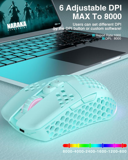 SM600 Honeycomb Shell Gaming Mouse Wireless,8000 DPI Tri-Modes BT5.1/2.4G Wireless/Type-C Wired Gamer Mouse with 2 Side Buttons, Macro Programmable and RGB Light for PC/Mac/Laptop,Green