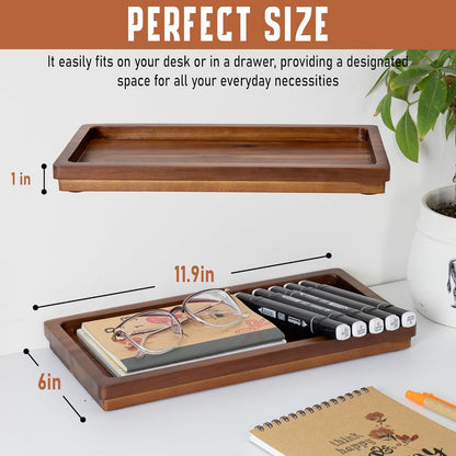 Demigo Acacia Wood Valet Tray & Catchall (11.9x6x1 inch) - Wooden Desk Organizer for Office Supplies, Keys, Wallet & Mail - Entryway & Nightstand Decor