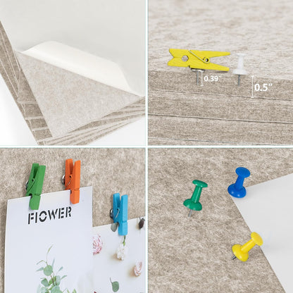 AKTOP Cork Bulletin Board 12x12, 1/2" Thick Felt Cork Board Tiles 12 Pack, Small Square Pin Board for Wall, Self Adhesive Corkboards with 120 Push Pin Wood Clips for School, Home & Office, Latte