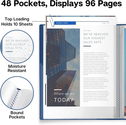 Dunwell Presentation Binder 48-Pocket, Displays 96 Pages, 8.5x11 Portfolio Binder with Plastic Sleeves, Storage and Organizer for Documents, Photos, Kids Artwork, Projects, Recipes (Blue)