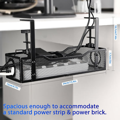 No Drill Under Desk Cable Management Tray – Clamp-On Metal Cable Organizer for Power Cords – Easy Install Wire Holder for Home Office Desk (Black)