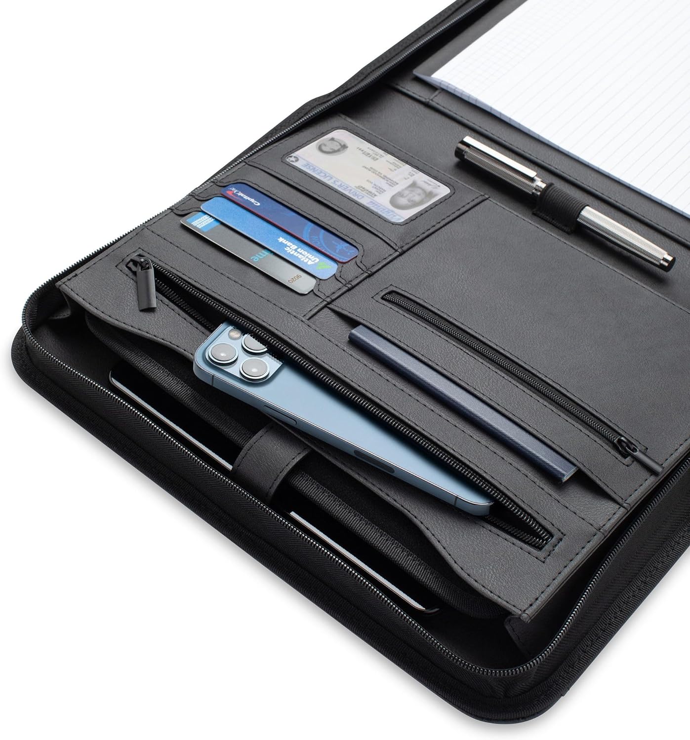 Padfolio Binder - Professional Faux Leather Travel Organizer Pouch for Tablet, Documents, Presentation Folders, Zipper Closure, Notepad - Black
