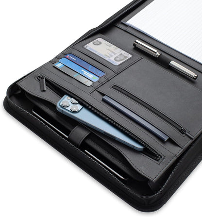 Padfolio Binder - Professional Faux Leather Travel Organizer Pouch for Tablet, Documents, Presentation Folders, Zipper Closure, Notepad - Black