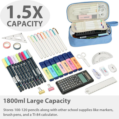 Pencil Case Pouch Box Bag School Supplies Girls Boys Kids, Cute Preppy Stuff Large Big Capacity Aesthetic Pen Organizer, Back to College Stationary, Cornflower Blue, Standard Stlye, 1800ml