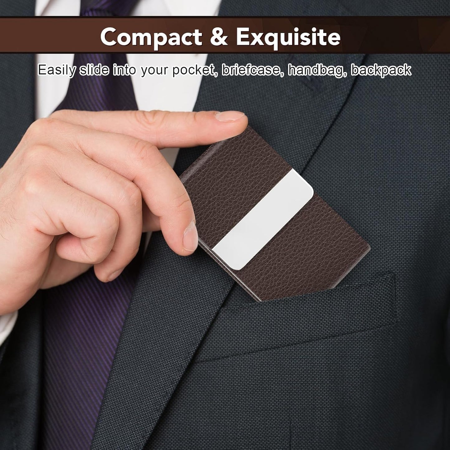 Business Card Holder with Ultra Slim Design, Business Card Case with Premium PU Leather, Suit Pocket Metal Card Holder for Women/Men, Magnetic Closure Quick Access Cards