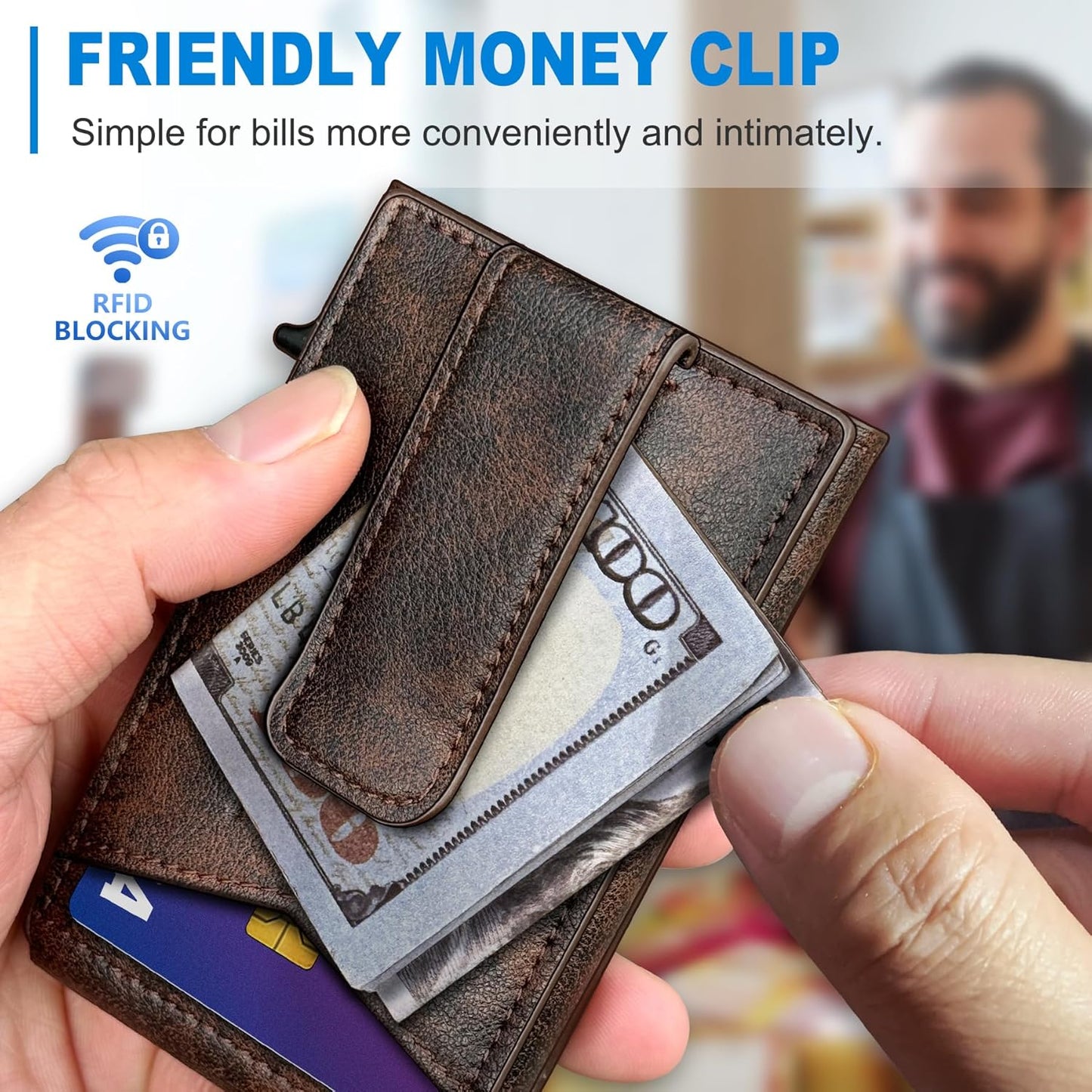 Airtag Wallet for Men,with Money Clip Gift Boxed,Slim Front Pocket Wallet RFID Blocking Metal Case Smart Pop-up Credit Card Holder in Magnetic Leather Flip