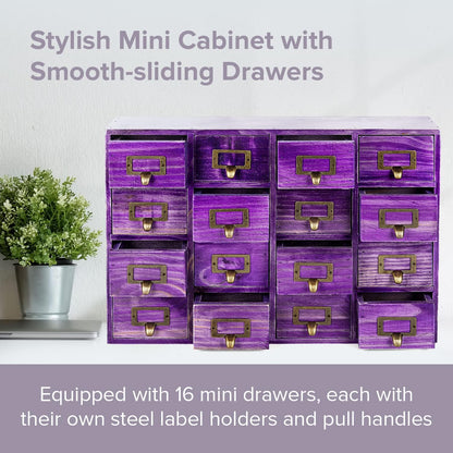 Purple 16-Slot Wooden Drawer Unit - Country Style Desk Organizer Box - 20"x3.6”x14” Wooden Storage Box w/ 16 Drawers - Countertop Drawers w/Label Holder & Handle - Slim 4-Level Organizer