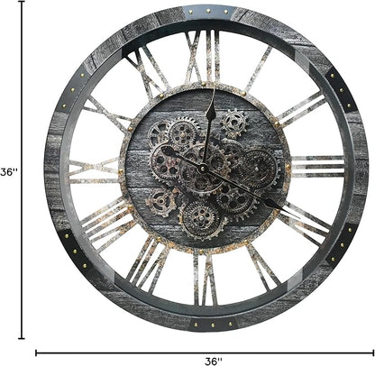 DORBOKER 36" Extra Large Wall Clock with Moving Gears, Oversized Giant Industrial Steampunk Rustic Clocks for Wall Decor Living Room Home Office, Solid Wood Retro Metal,Carbon Grey