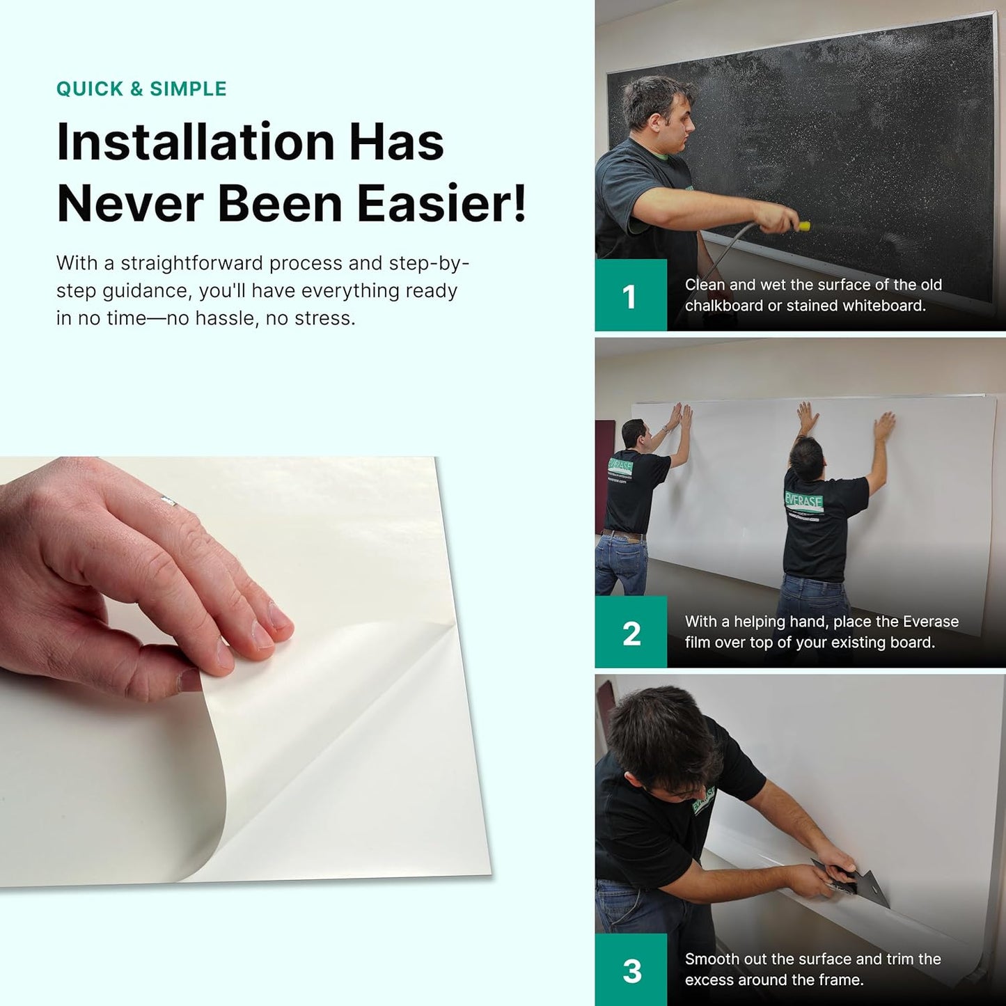 Everase Dry Erase Whiteboard Resurfacing Film Roll (17 ft. x 50") – Peel & Stick, Converts Chalkboards & Stained Whiteboards, Durable, Scratch/Stain-Resistant, Eco-Friendly, Refinish in 30 Mins.