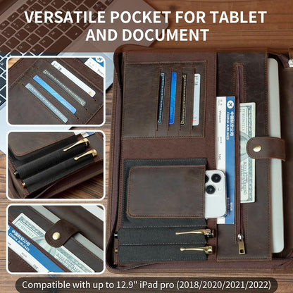 Handmade Vintage Crazy Horse Leather Portfolio,Business Organizer Padfolio with Handle, for iPad Pro/Microsoft Surface Pro/13 inch Tablet, Dark Khaki