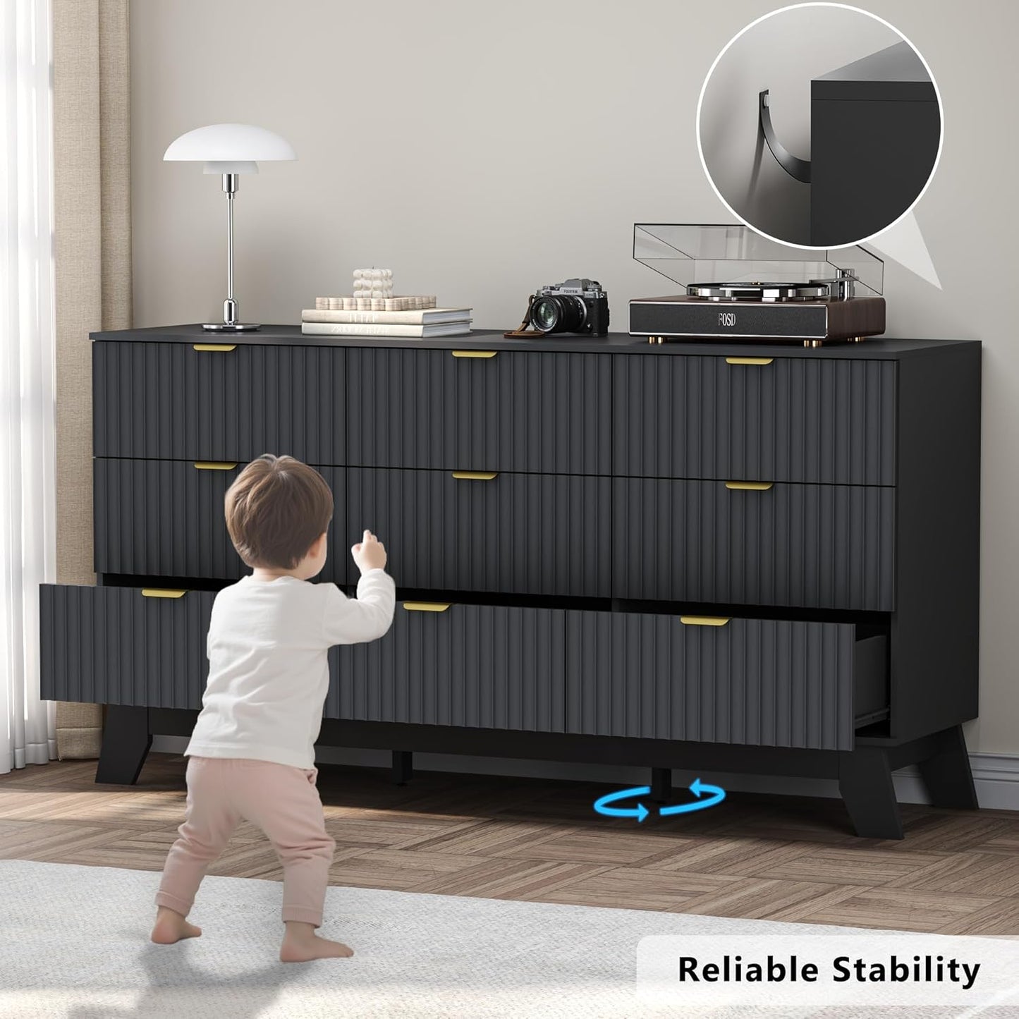 Fluted 9 Drawer Dresser, 57.1" Wide Modern Boho Chest of Drawers, Wooden Storage Dresser TV Stand for Bedroom, Living Room, Closet, Hallway, Curved Profile Design